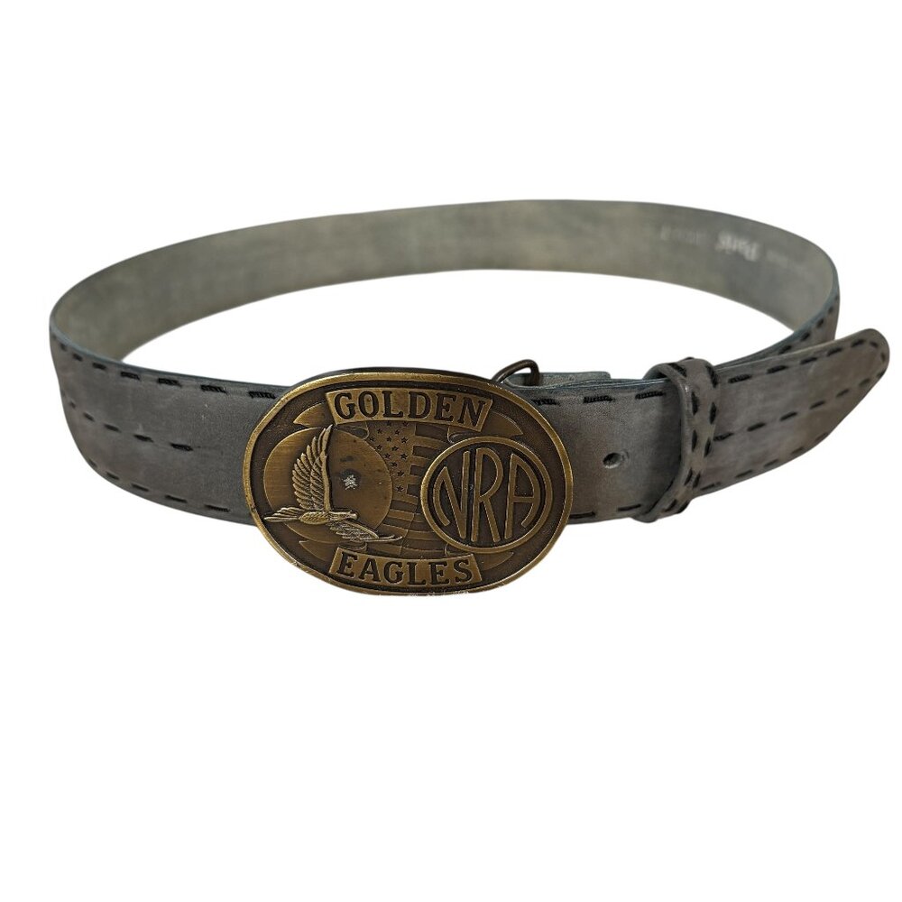 NRA Golden Eagles gray cowhide adjustable belt with bronze buckle men's size 34